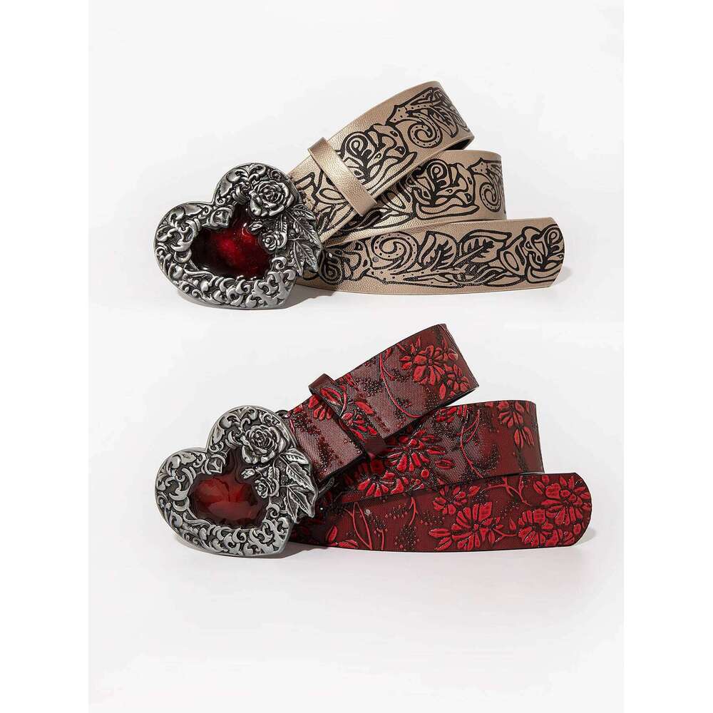 Women's casual y2k multi-color heart-shaped carved buckle flower embossed dress jeans versatile decorative belt suitable Y260225