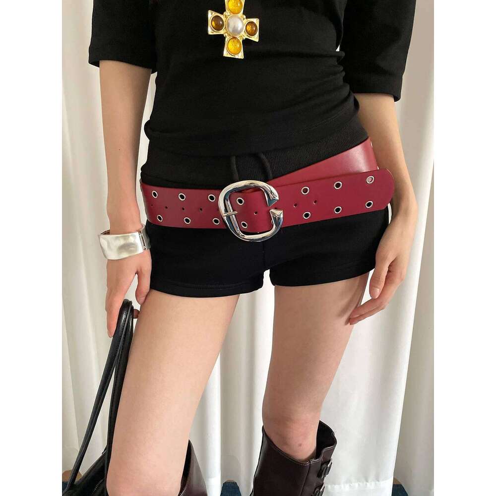 Heavy Industrial Punk Style Double-Row Hole Decoration Wide Version For Women A Niche And Versatile Leather Belt Y260225