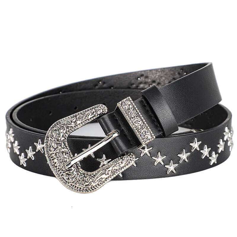 Men's and Women's Trend Pentagram Rivet Punk Style, Vintage Carved Buckle PU Leather BeltsSubculture Rock Hip-Hop Y2k Belt Y260225
