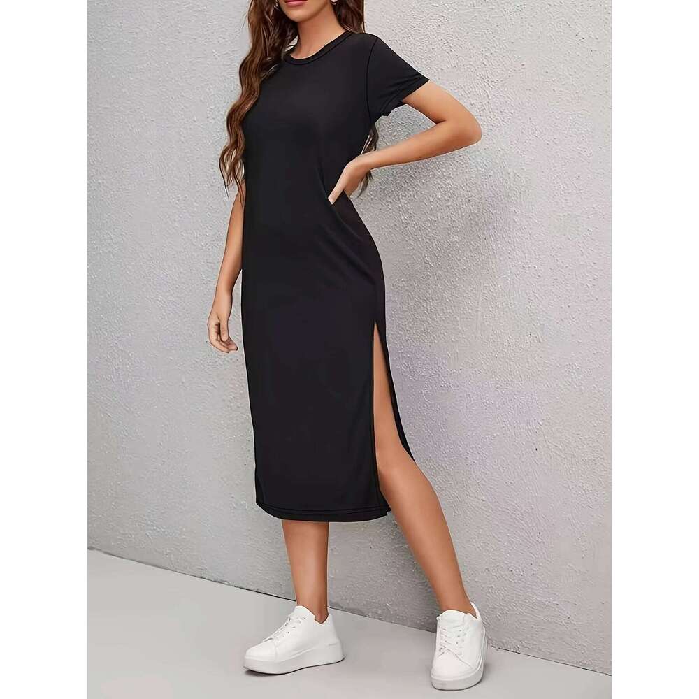 Elegant Short-Sleeved Dress for Women, Side Slit Round Neck Design, Fashionable and Versatile Summer Women's Clothing XJ260225