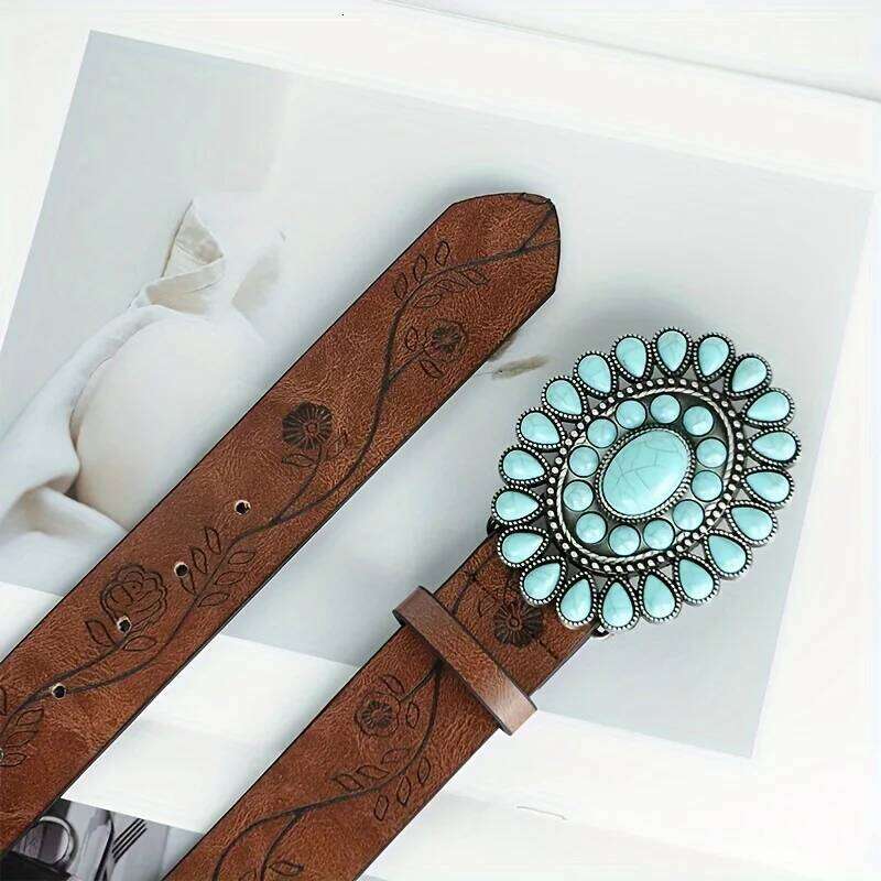 Ladies wear the classic Western belt, brown embossed PU leather, bohemian style oval turquoise buckle belt Y260225