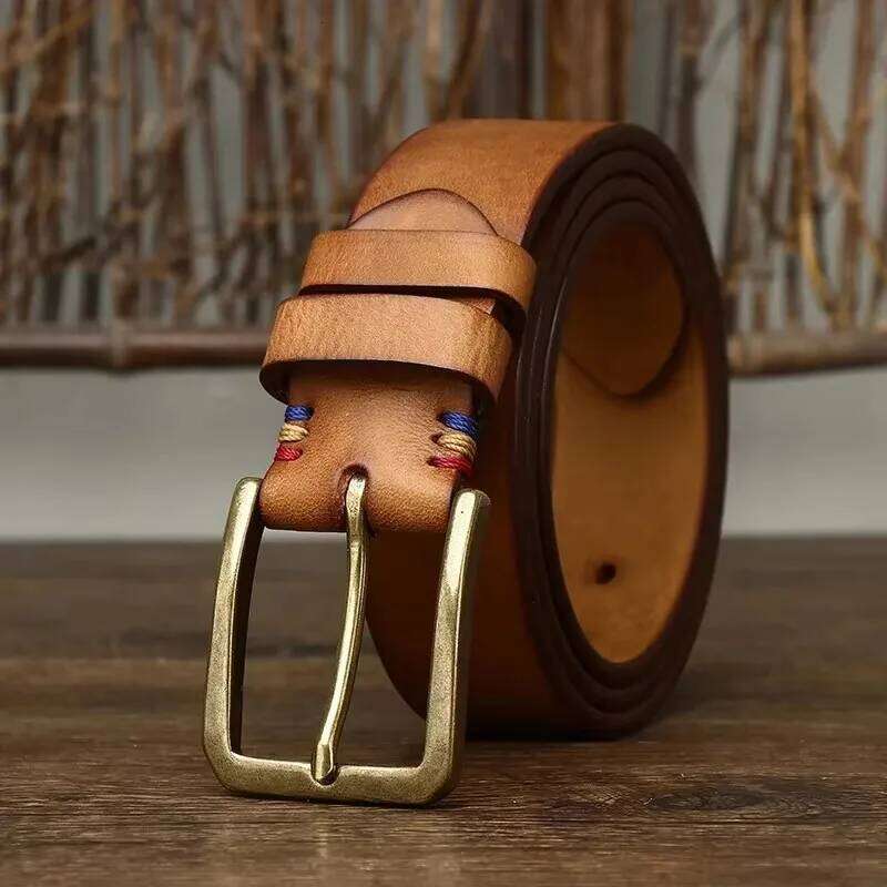 3.8CM Thick Retro Cowboy Male Cowhide Cowskin Genuine Leather Heavy Copper Buckle Belt For Jeans Men Strap Waist Y260225