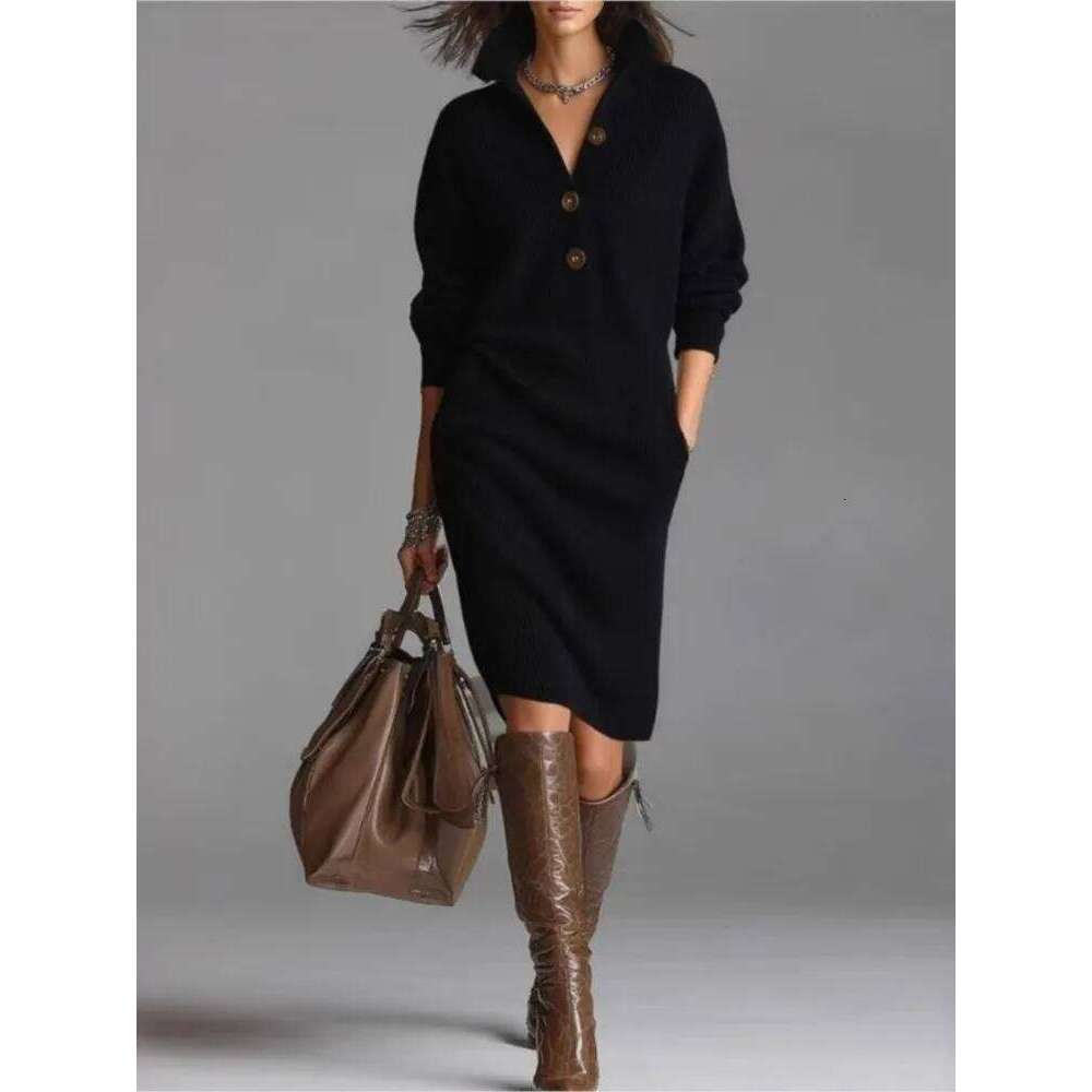Solid Knitted Midi Dress For Woman Spring Fashion Button Half-open High Neck Loose Dresses Ladies Autumn Leisure Warm Vestidos XJ260225