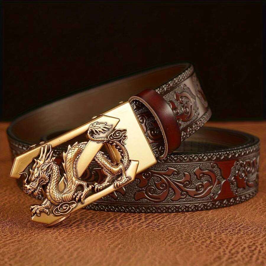 Men' Vintage Automatic Buckle Genuine Leather with Golden-Tone Dragon & Floral Embossed Design Black Casual Belt for Jeans Y260225