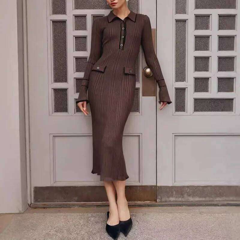 Ruffled Knitted Scallop Women's Autumn Winter Elegant Demeanor Sweater Turn Down Collar Slim Half Button Mid Length Dress XJ260225