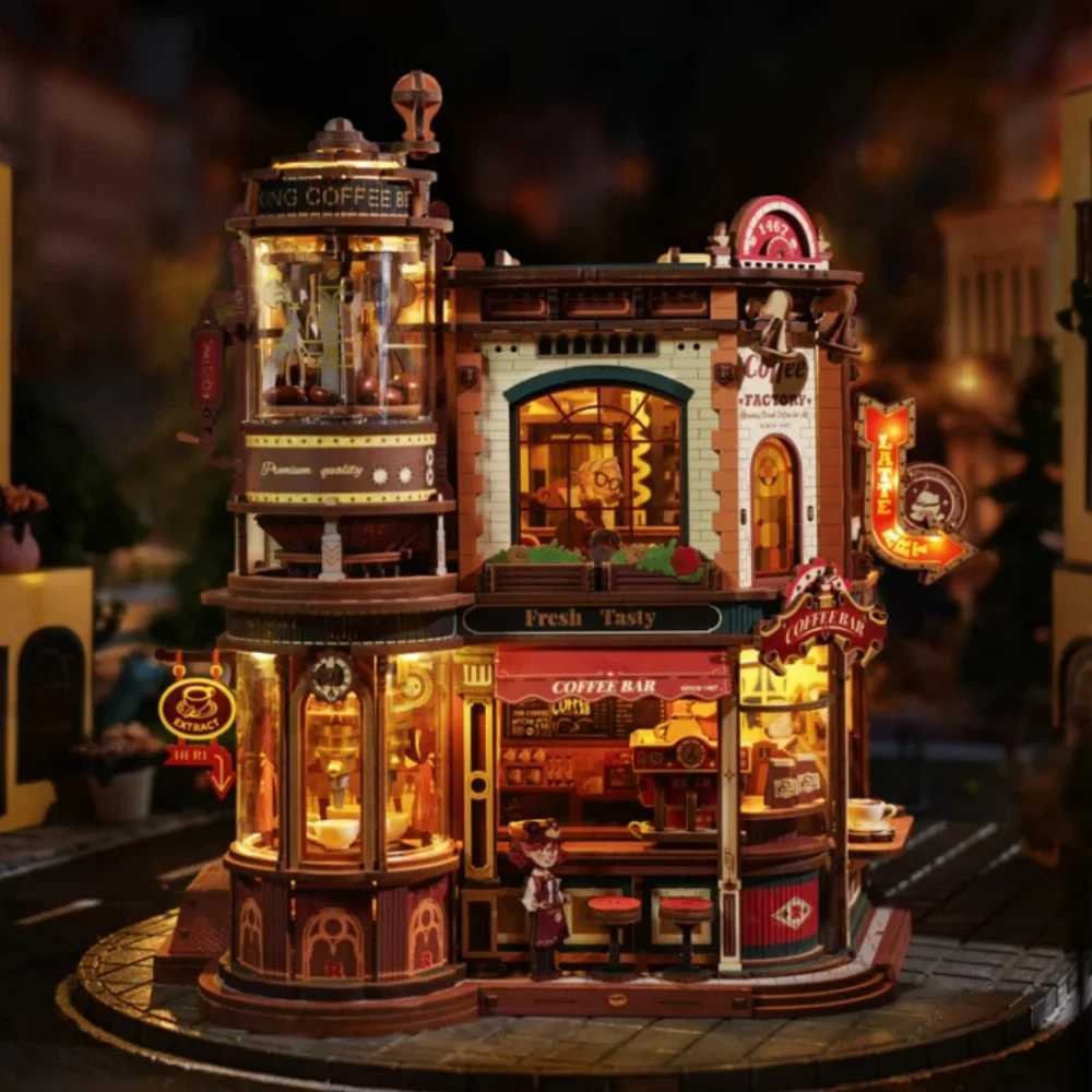 ROKR Dream Coffee Factory 3D Puzzles Music Box Christmas Wooden Model Kits Build Best Gifts for Kids Adults EAB02 26H0422