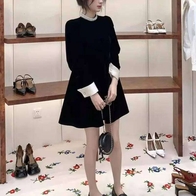 Fashion Beading Mini Dress Round Neck Spring Autumn Solid Color Women's Clothing Aura Elegant A-Line Waist Basic Spliced Dresses XJ260225