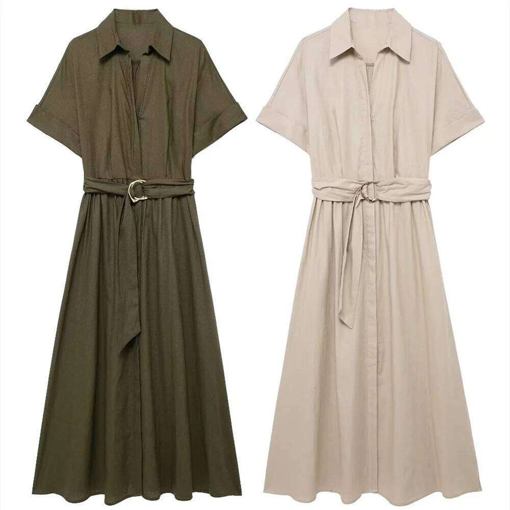 2024ZAR Summer New Women's Wear European and American Fashionable Minority Linen Blended Midi Shirt Style Dress XJ260225