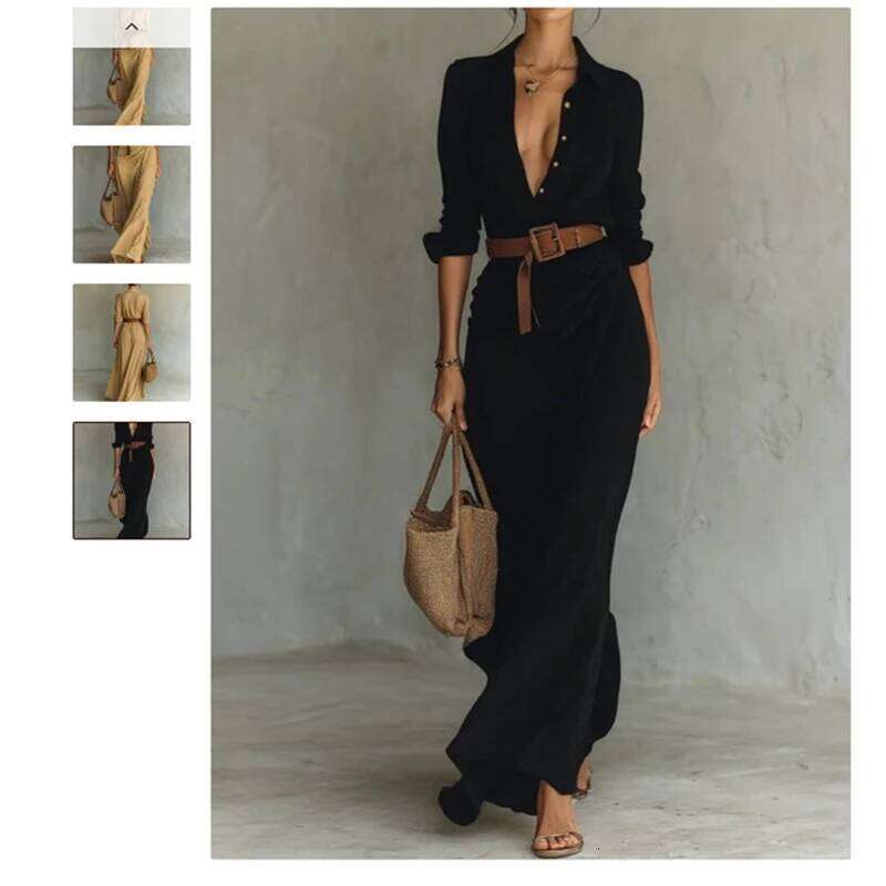 Long Sleeve Lapel Shirt Dress High Waist Belted Single Breasted Maxi Casual Elegant Office Commute Workwear For Women Chic Gift XJ260225