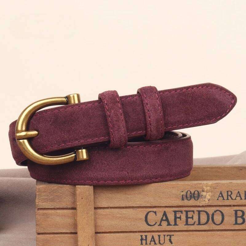 Fashion Women Belt Suede Genuine Leather Skinny Waistband Gold Buckle Wine Red Belts for Jeans Pants Casual Y260225