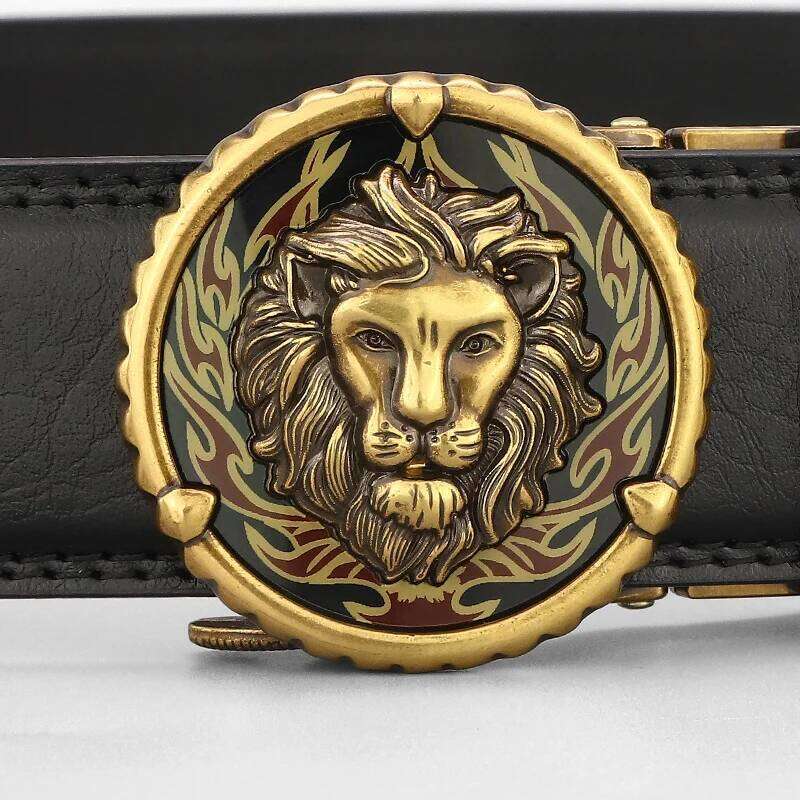 Designers Retro Lion Casual Betls Men Automatic Buckle Luxury Famous Brand Fashion Genuine Leather Gray Younth Ceinture Homme Y260225