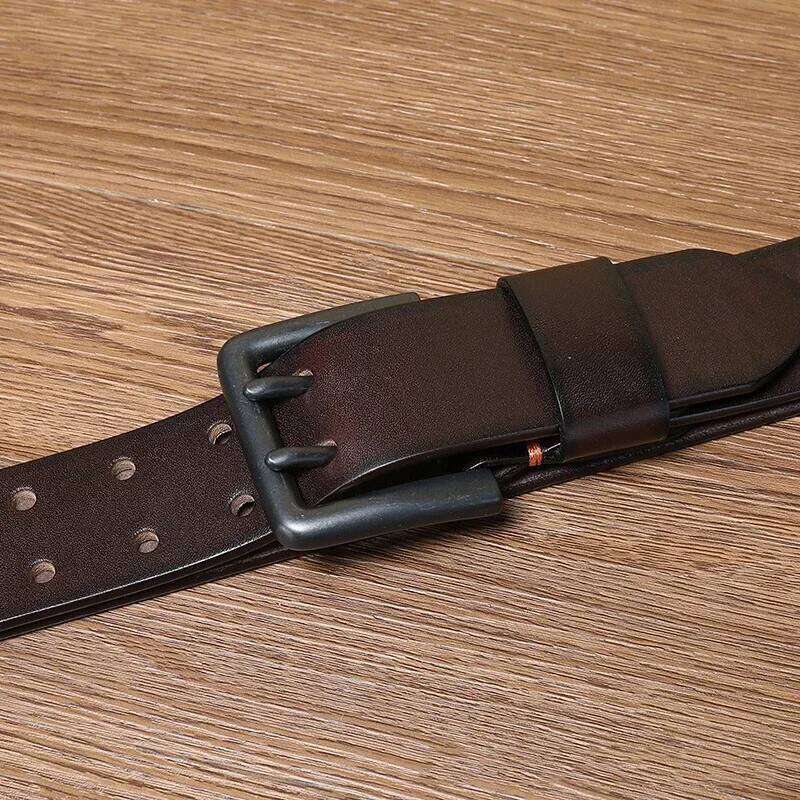 100% Genuine Leather 4.3cm Thick High Quality Cowskin for Men Luxury Designer Male Belt Double Pin Buckle Jeans Strap Y260225