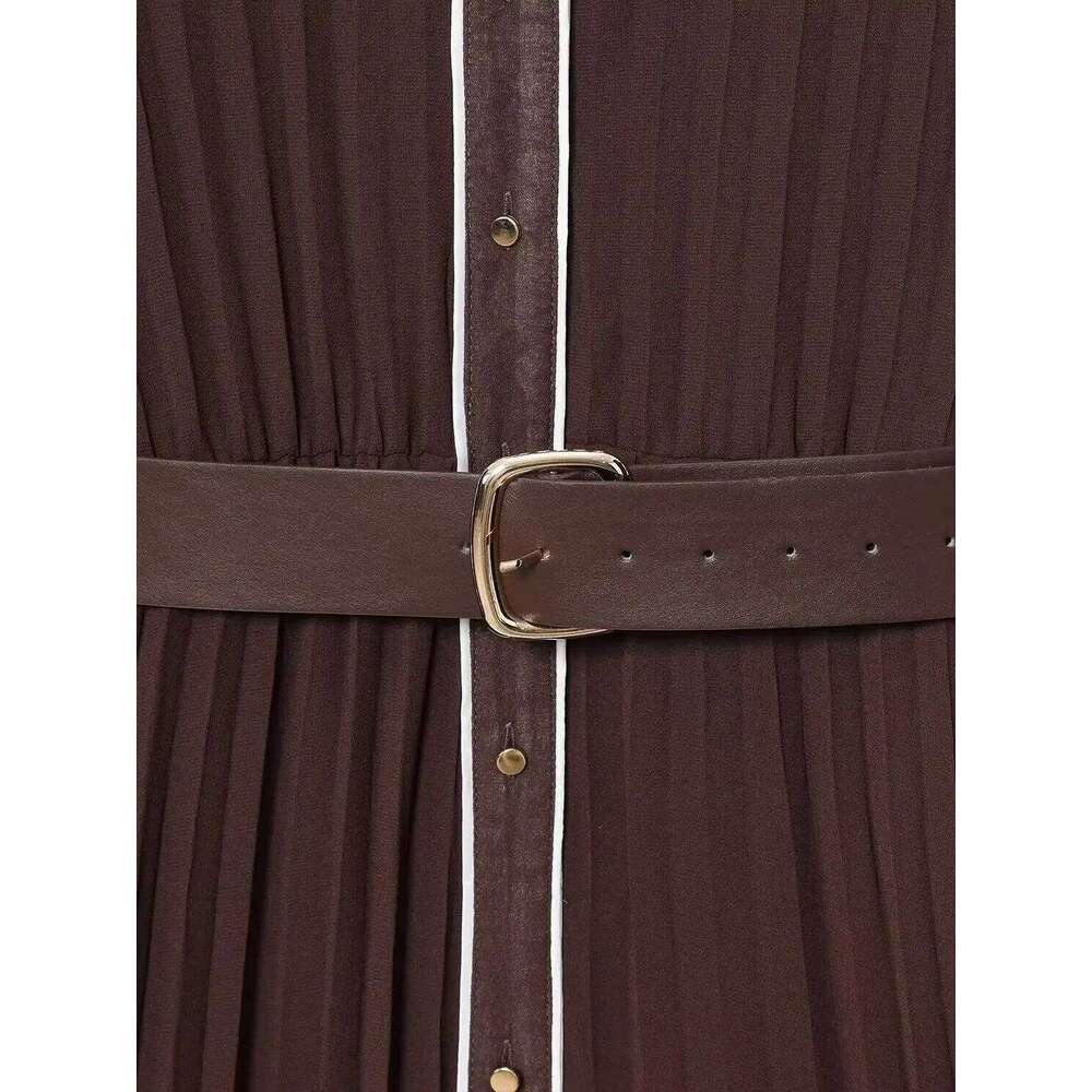 2025 Spring Autumn Women's Elegant Brown Shirt-style Midi Dresses Belt Lady Vintage Lapels Long Sleeve Pleated Buttons Maxi Robe XJ260225