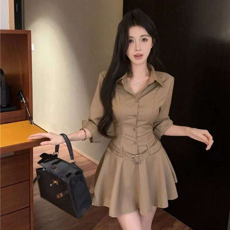 Stylish Hot Girl POLO Collar Three Quarter Sleeve Single Breasted Waist Shirt Design Slimming Dress XJ260225