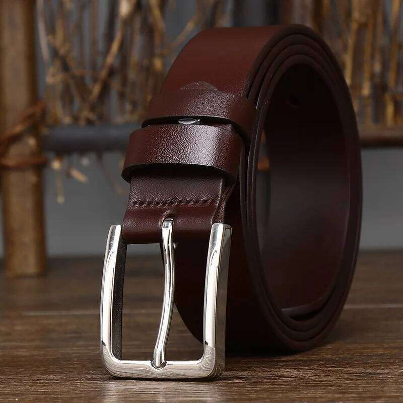 3.3CM Wide Genuine Leather Belt for Men Stainless Steel Buckle Premium Cowhide Classic Smooth Surface Business Formal Dress Y260225