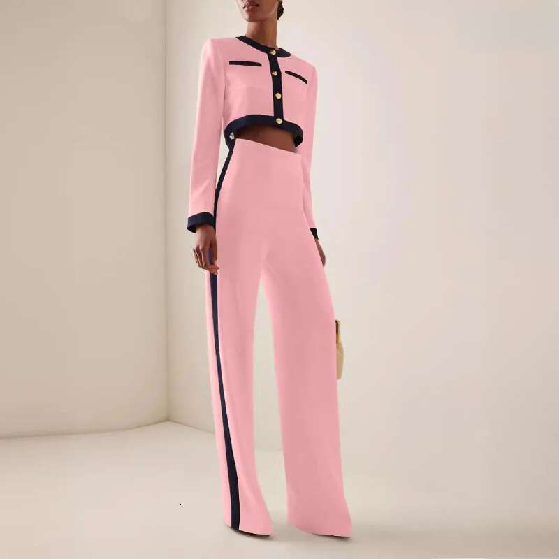 Women's two-piece long pants fashionable women's round neck long sleeved button top loose wide leg casual suit autumn