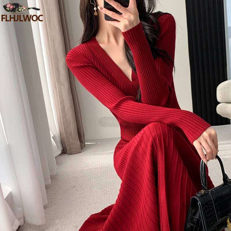 Winter Spring Basic Wear Women New Year Red French Style Design Slim Fit A Line V Neck Knitted Sweater Dress Long Maxi Vestidos XJ260225