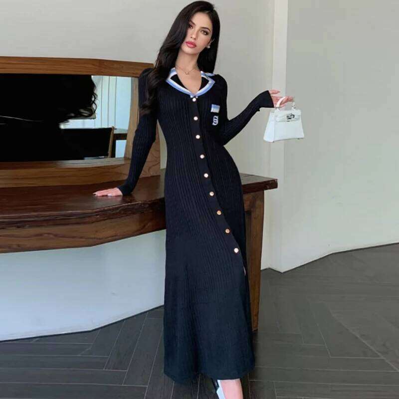 YuooMuoo Brand Fashion Knitted Maxi 2024 Elegant Turn-down Collar Embroidery Long Sleeve Shirt Dress Lady Sweater Vestidos XJ260225