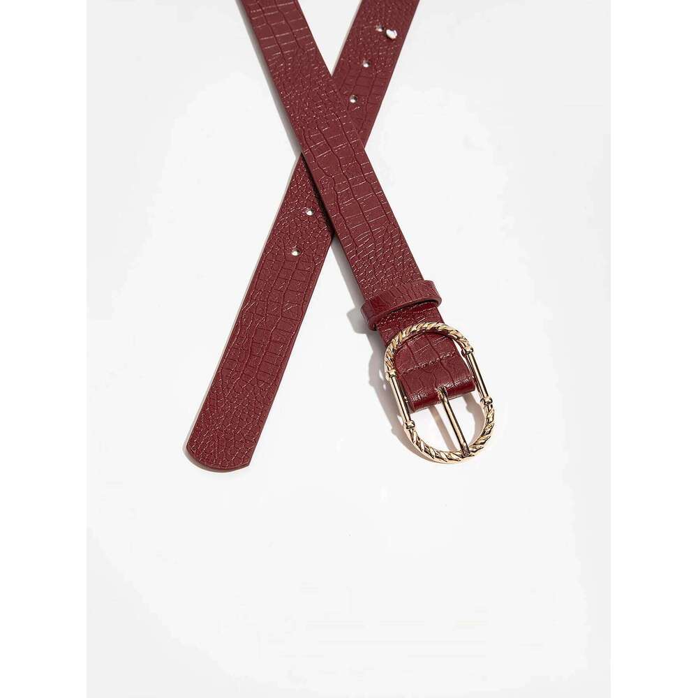 1pc Luxury Retro Gold-Tone Metal Buckle Burgundy Crocodile Embossed Leather Belt, Versatile For Daily Wear Y260225