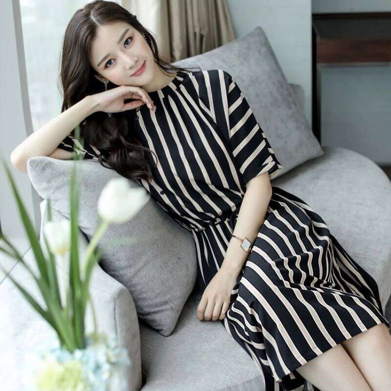 Striped Short-Sleeved Midi Dress Summer Aesthetic Clothes Korean Fashion Casual Office Lady Dresses for Women Vestidos XJ260225