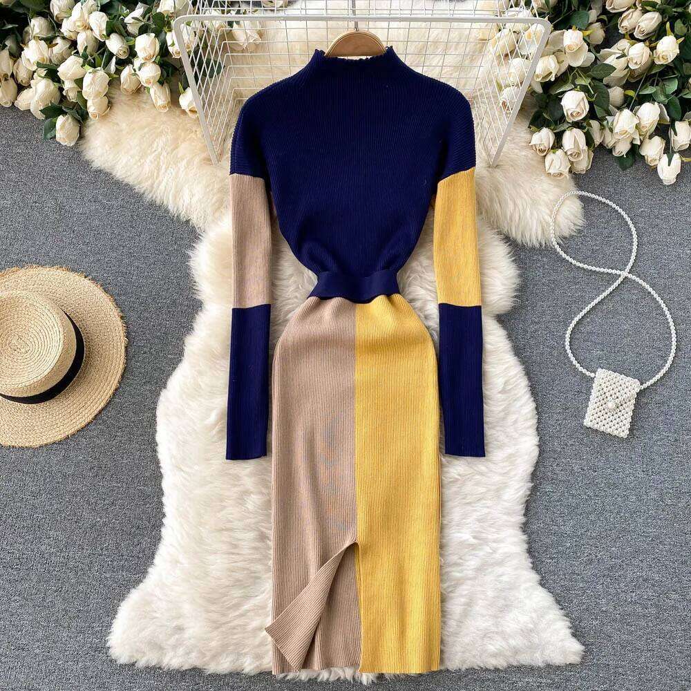 YuooMuoo Women 2025 Autumn Winter Color Patchwork Long Sleeve Knitted Sweater Dress with Belt Lady Bodycon Party Dresses XJ260225