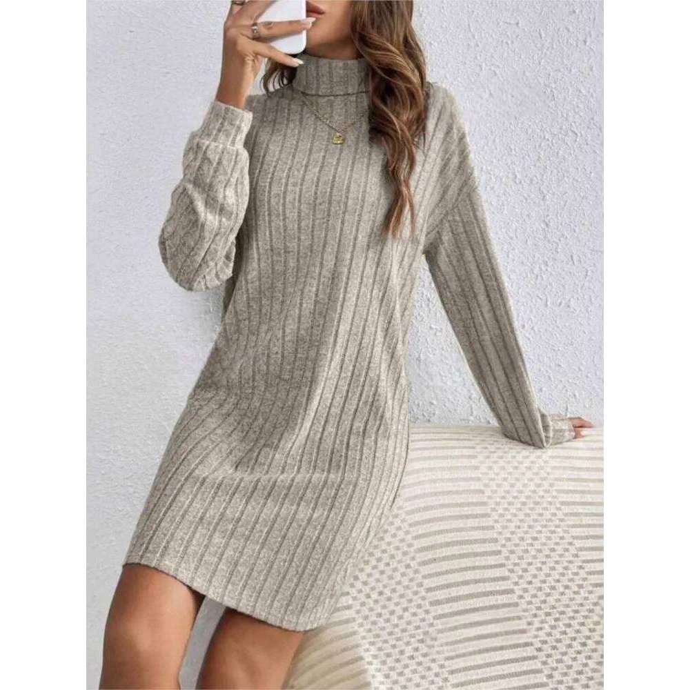 Autumn Winter Woemn Casual Trutleneck Long Sleeve Solid Knitted Dress 2024 New Fashion Loose Comfortable Dresses Female XJ260225