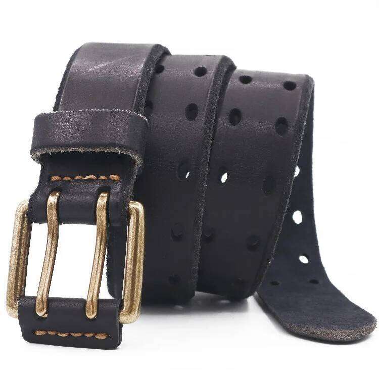 3.8cm New Style Pure Cowhide Men's Double Needle Italian Leather Belt Retro Design Hollow Handmade Stitch Versatile Pants Belts Y260225