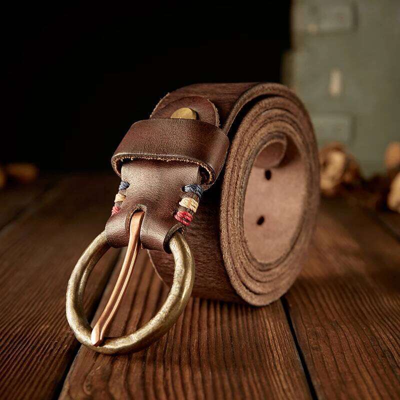 Handmade Vintage Full Grain Cowhide Pants Belt For Men Copper Pin Buckle Casual Genuine Leather Waist Strap Accessories Y260225