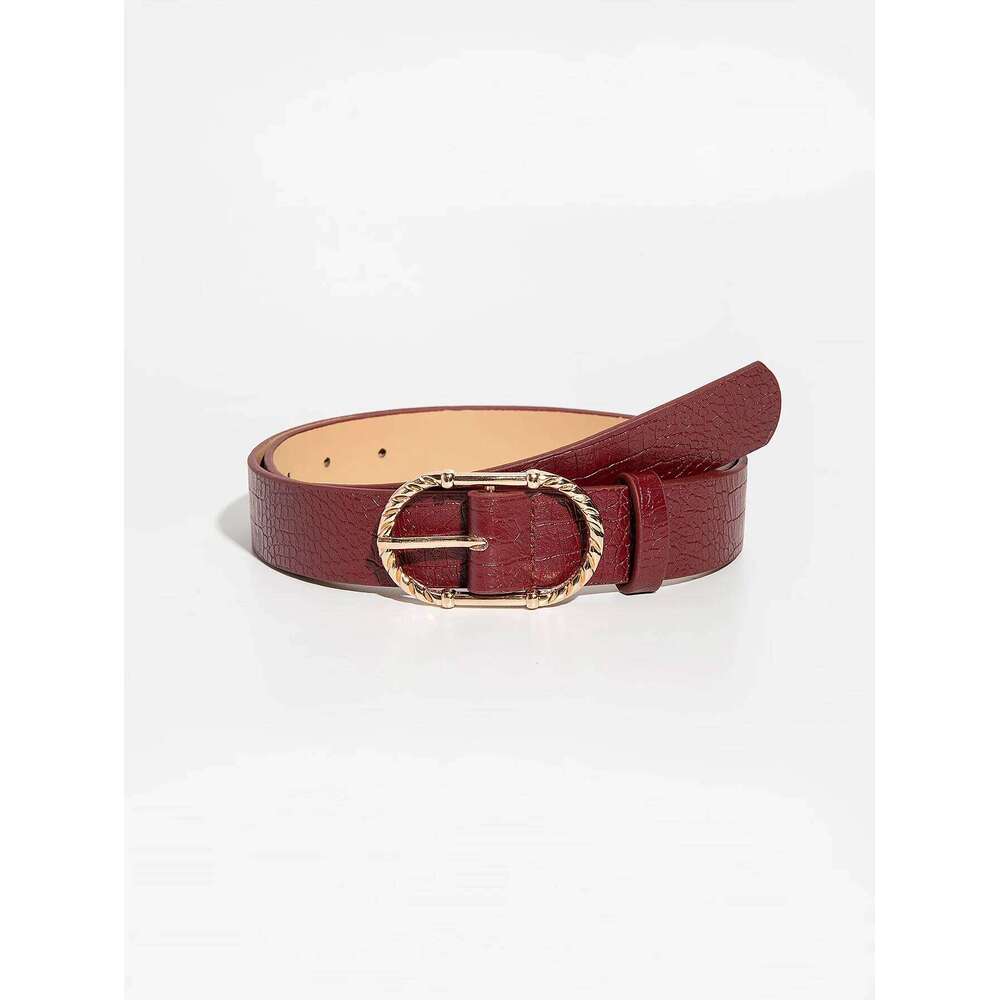 1pc Luxury Retro Gold-Tone Metal Buckle Burgundy Crocodile Embossed Leather Belt, Versatile For Daily Wear Y260225