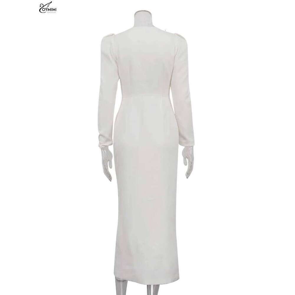 Oymimi Elegant White O-Neck Womens Fashion Wrist Sleeve Single Breasted Dresses Casual High Waisted Ankle-Length Dress XJ260225