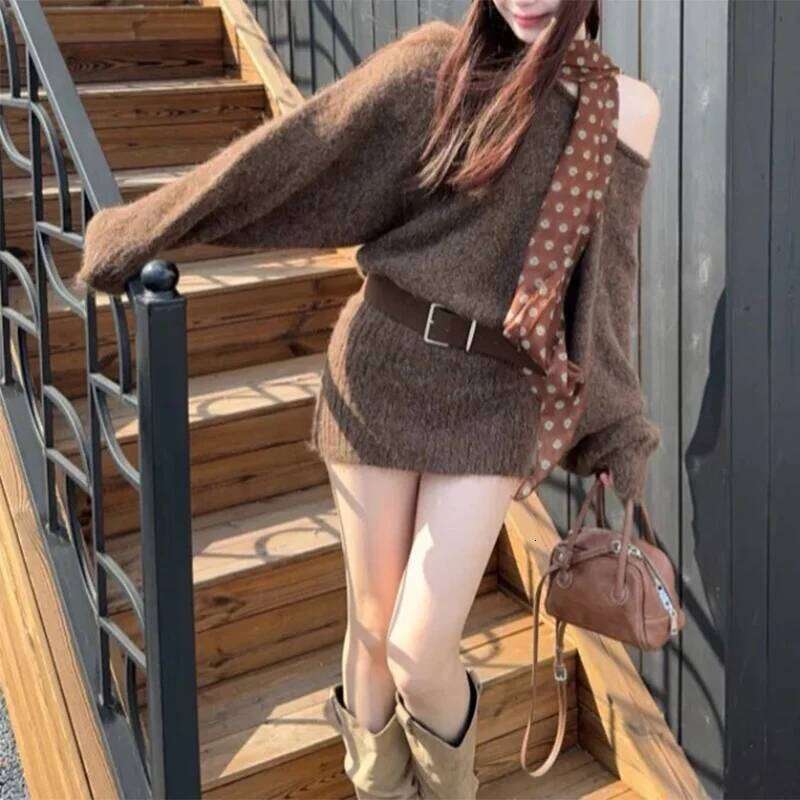 French Sexy Off Shoulder Women with Belt Irregular Long Sleeve Knitted Dress Autumn Fashion Waist Spicy Girl Dresses XJ260225
