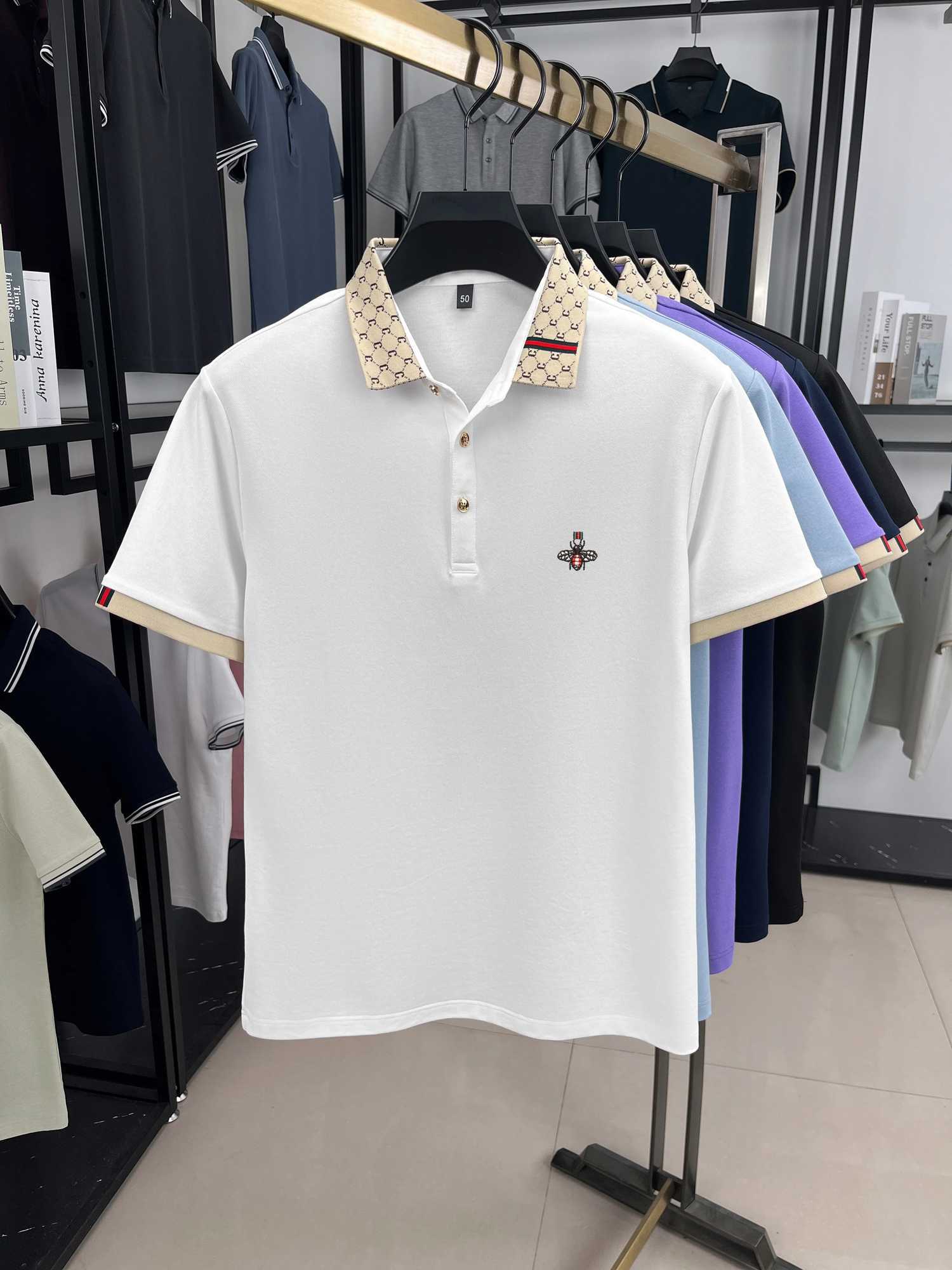 Bee Embroidered Polo Shirt with Contrast Collar and Breathable Pique Fabric for Casual Daily WearT260225