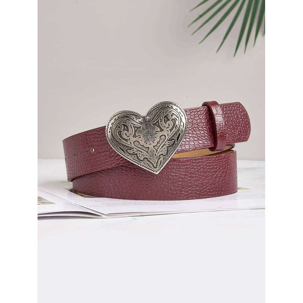 women's light luxury vintage metal angel gem heart-shaped buckle burgundy flower pattern belt, a versatile decorative belt for Y260225