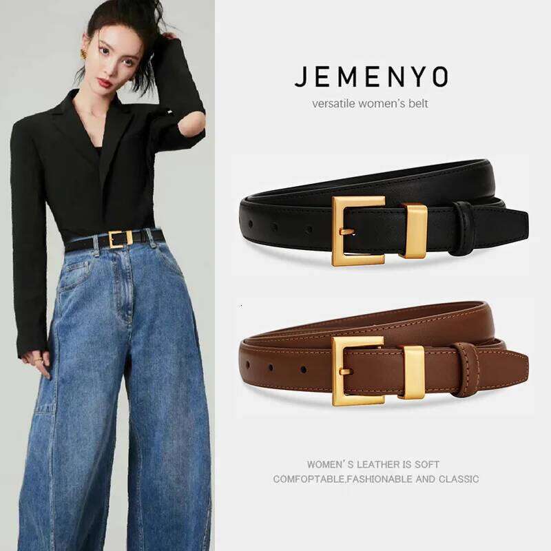 Ladies leather cowhide versatile decoration for suit waist belt; retro simple high-end black ins style denim belt. Y260225