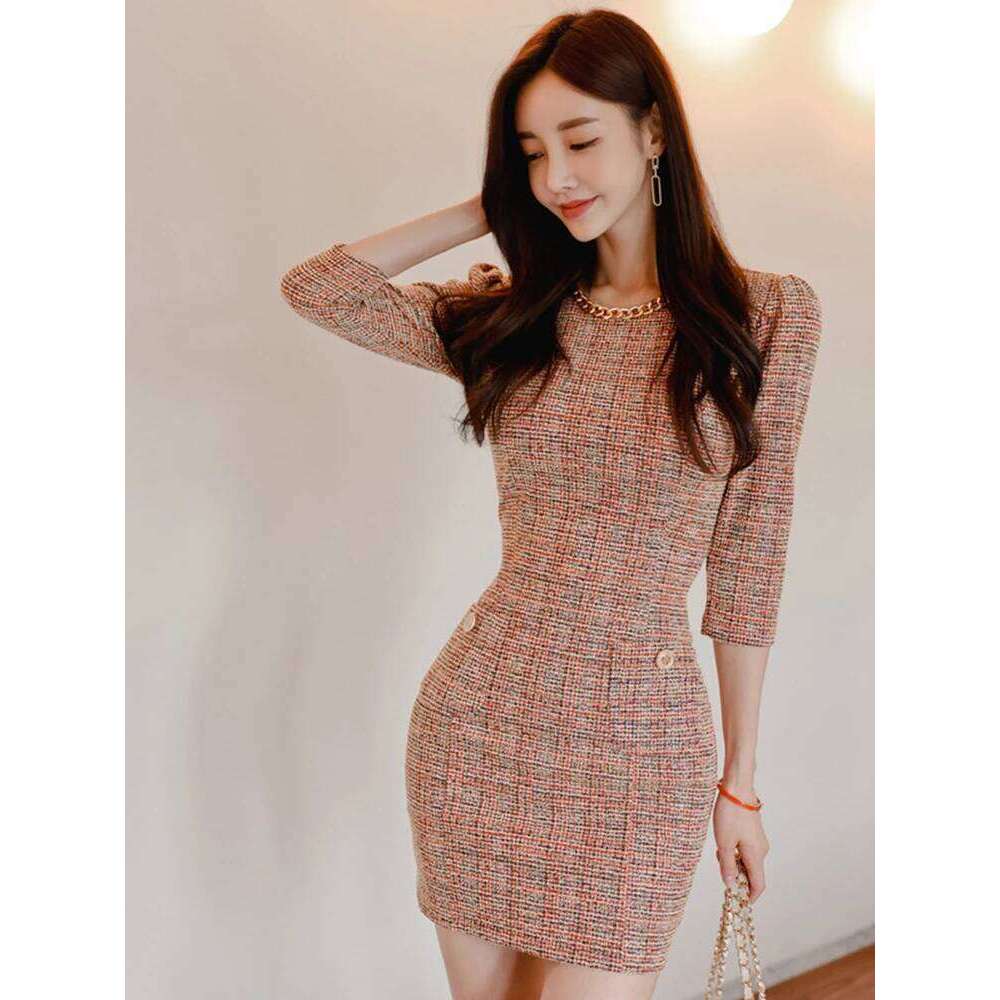 New Autumn Winter Elegant Short Dresses For Women Lady Formal Tweed Retro Sexy O-Neck Wrap Hip Mini Mujer Vestido Street Clothes XJ260225