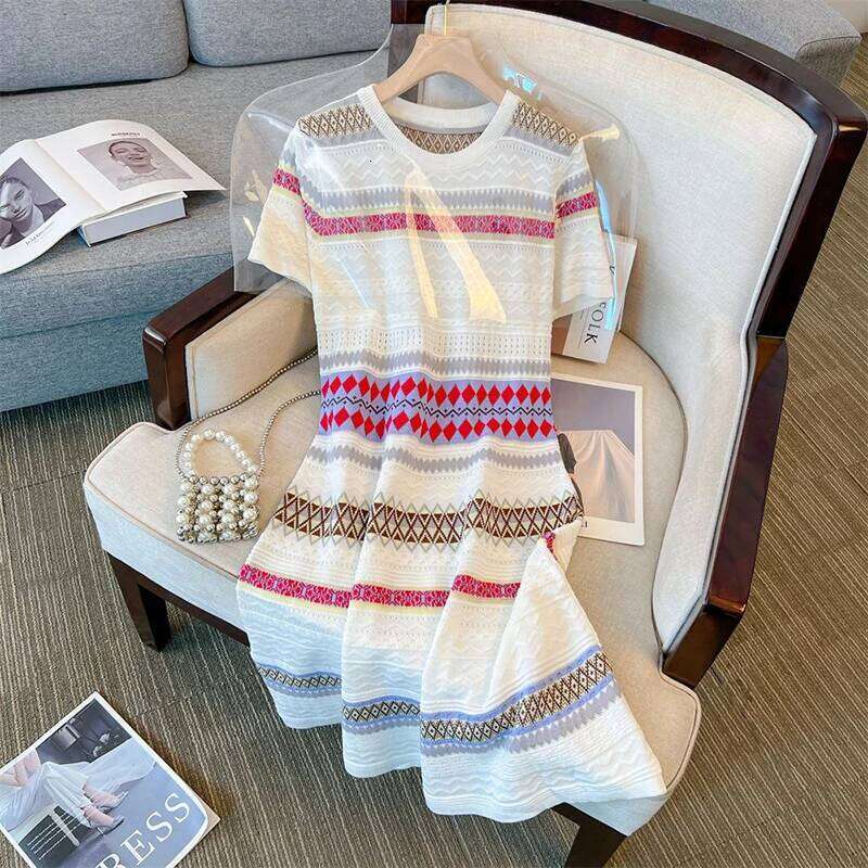 Fashion O-Neck Knitted Spliced Striped Mini Dress Women's Clothing 2025 Summer New Loose Short Sleeve Korean Ladies Dresses XJ260225