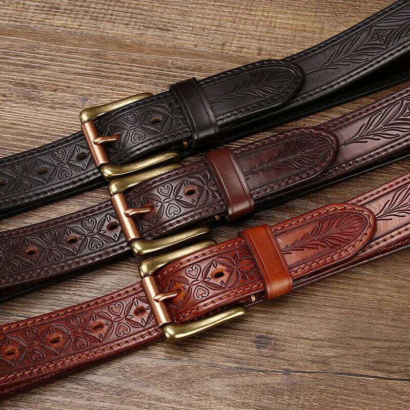 3.8CM Pure Cowhide Genuine Leather Retro Fashion Personality Embossed for Men Luxury Brand Design Male Copper Buckle Belts Y260225