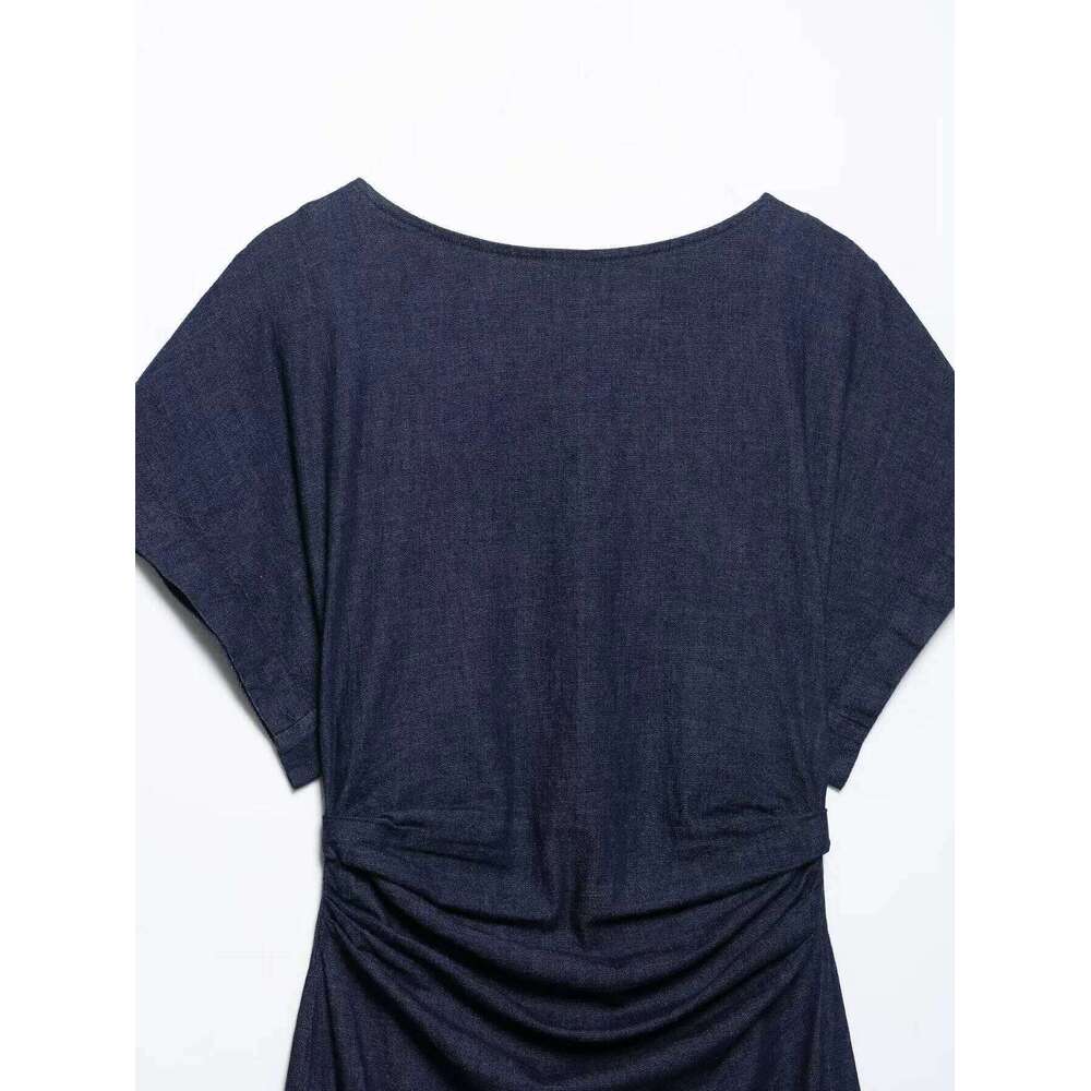 ETJ 2025 summer new women's elegant fashion pleats decorated short sleeve wide round neck slit hem denim dress XJ260225