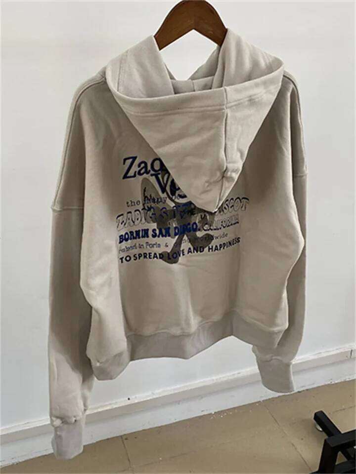 Spring White Ink Hot Stamping Embroidery Hooded Women's Solid Color Plush Sweatshirt Mdng260225