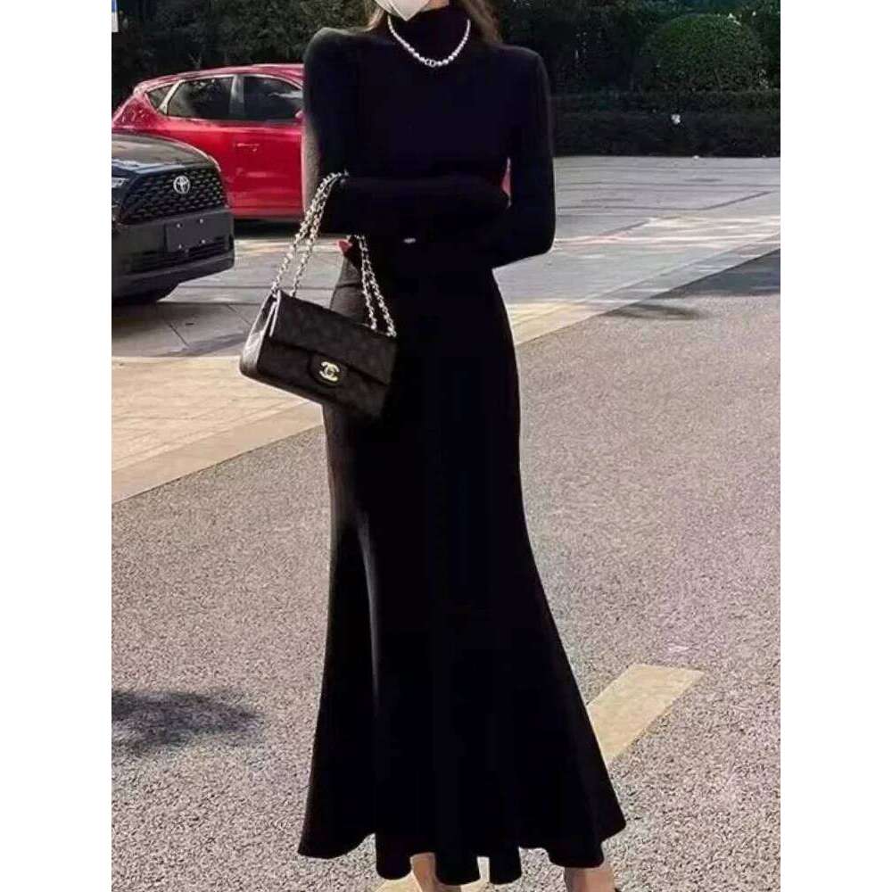 Autumn Winter New Fashion High Collar Long Sleeve Solid Women's Clothing Slim Korean All-match Temperament Knitting Chic Dresses XJ260225