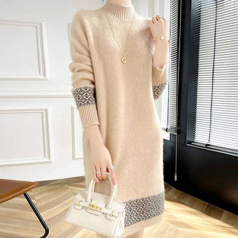 100% Merino Wool Fashion Color-Blocked Knit Half-Turtleneck Sweater Cashmere Long Sleeves Leisure Soft Warm Women's Clothing Top XJ260225