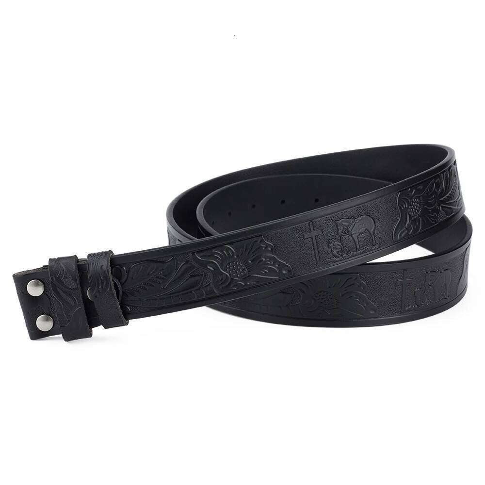 No Buckle Belt Genuine Leather Horse Cross Pattern Width 3.8cm Y260225
