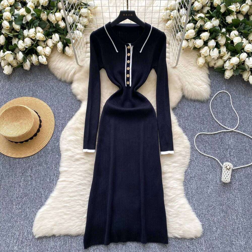 YuooMuoo 2025 Autumn Winter Women Knitted Long Vintage Turn-down Collar Buttons Ribbed Shirt Sweater Dress Lady Vestidos XJ260225