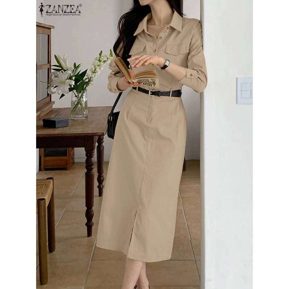 Casual Lapel Long Sleeve Vestidos ZANZEA Women Solid Work Dresses 2025 Spring Waisted No Belted Office Lady Midi Spilt Robe XJ260225