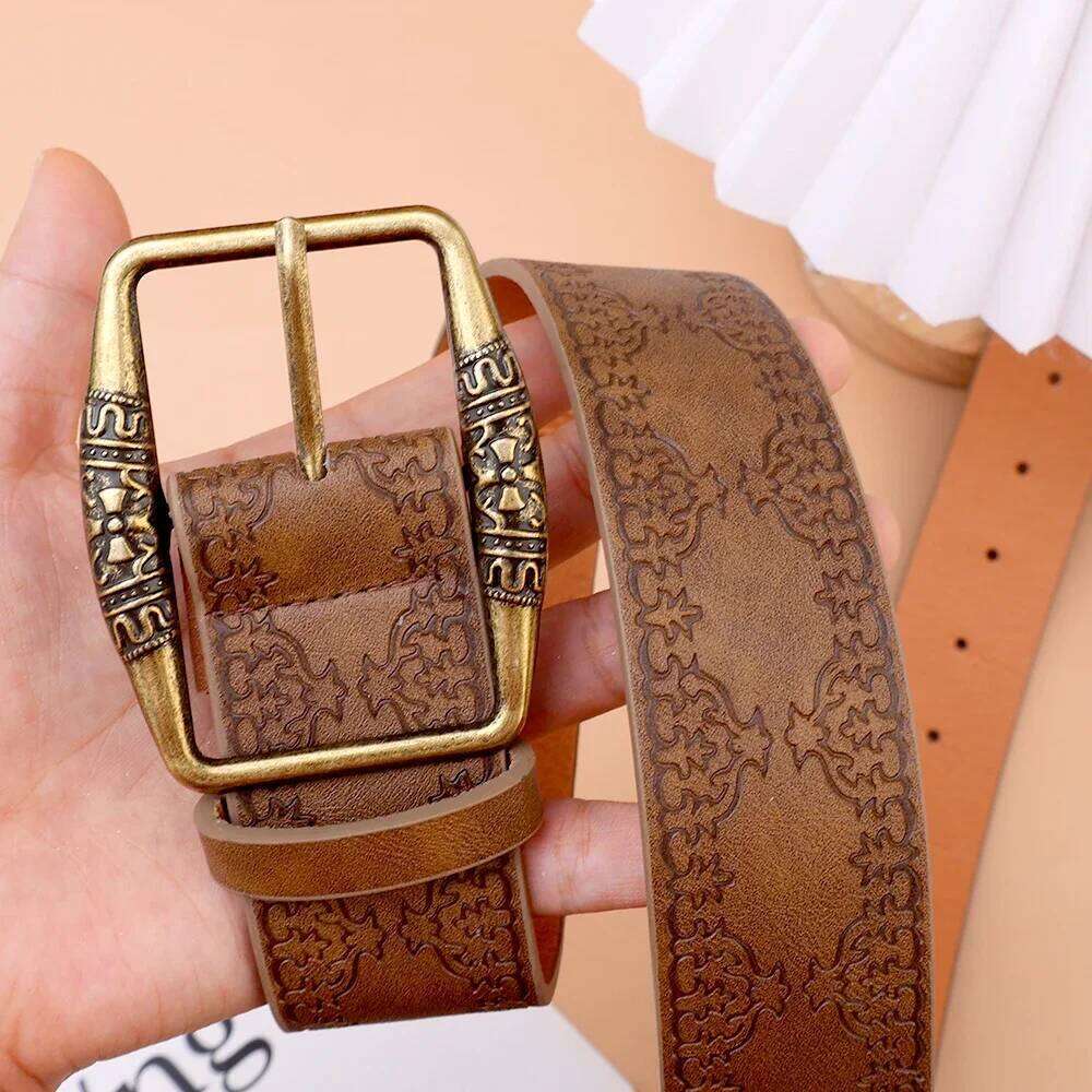 Western Brown PU Female Cowgirl Waist Belt Designer for Women Jeans Y2K Vintage Printed Pin Buckle Belts Y260225