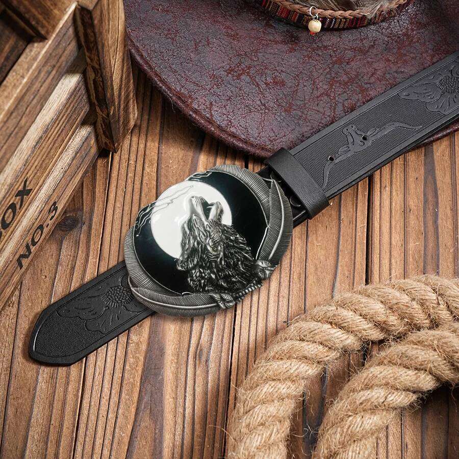 Western men's denim wolf head red moon belt buckle hip-hop personality retro style unisex matching jeans/ca Y260225