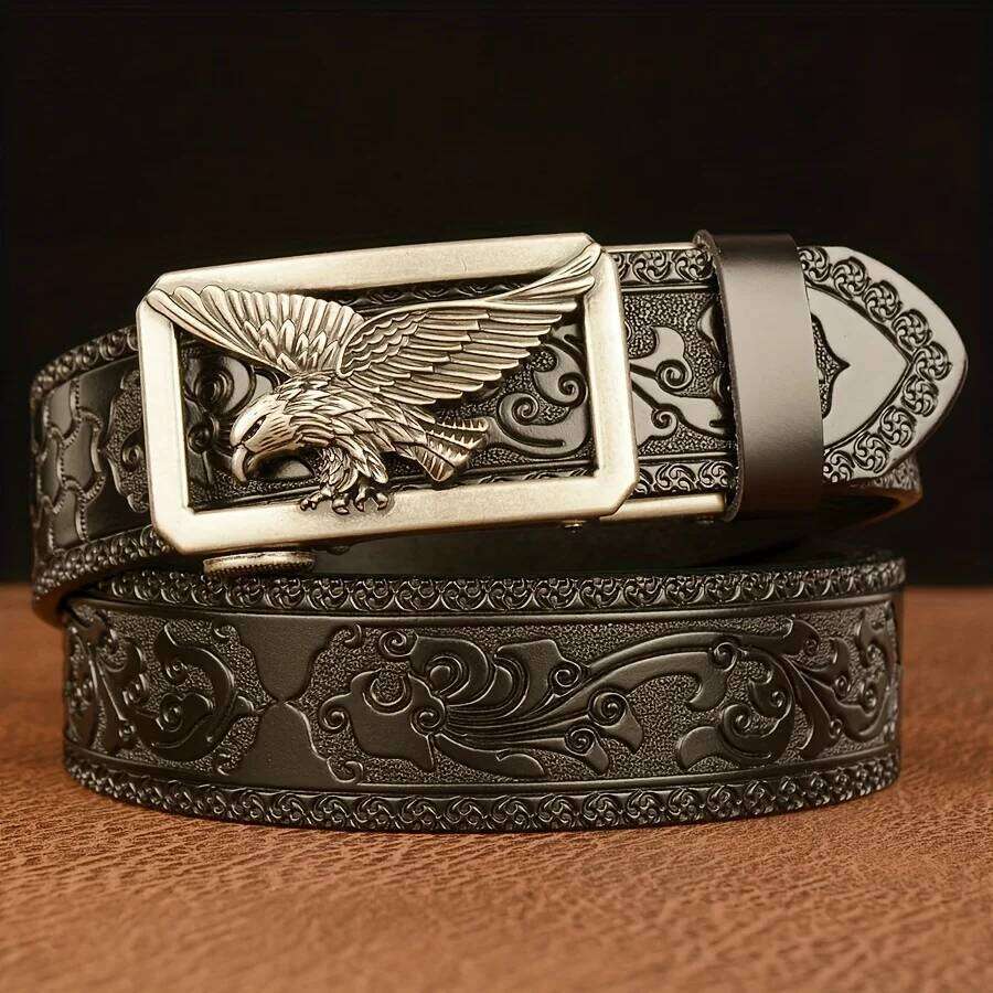 Men's Business Vintage Automatic Buckle Belt - Genuine Leather with Eagle & Floral Carvings, Perfect Gift for Husband or Father Y260225