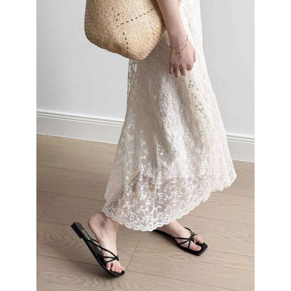 Lace Sling Women Summer New Embroidered Sweet Simple Basic Party Elegant Female Sleeveless Long Dress XJ260225