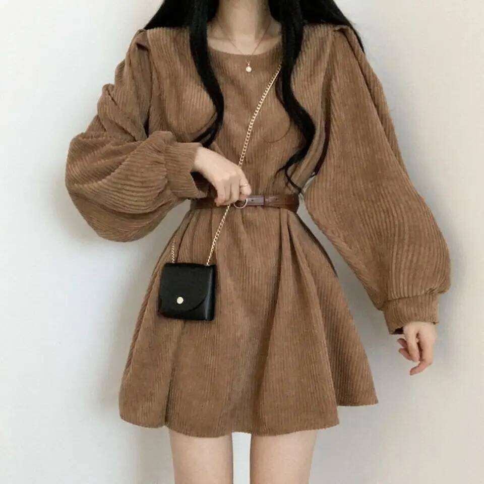 Corduroy Dress for Women's Early Spring 2024 New Style French Autumn Retro Short Skirt with Waist Cinching Temperament XJ260225