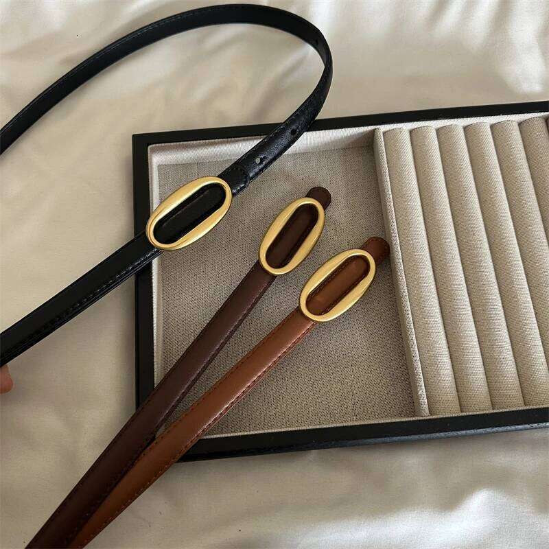 Oval Women's Skinny Leather Belt Ladies Thin Soft Waistband with Retro Gold Buckle Black Brown Belts for Jeans Dresses Pants Y260225